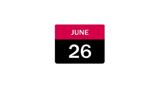 A clean and modern digital calendar icon featuring a vibrant pink header and black body, clearly indicating the specific date of June 26 for scheduling.