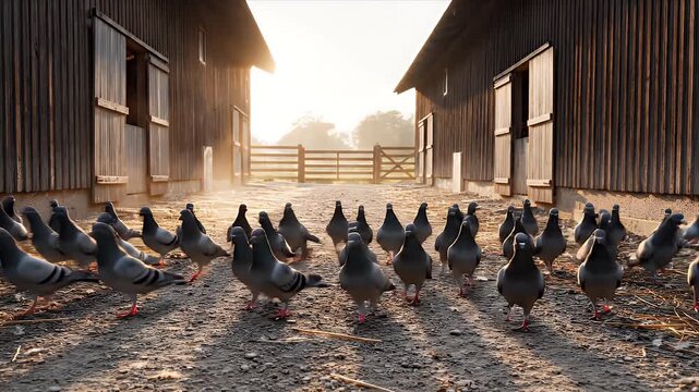 Flock of Pigeons Gathered in Gravel Yard Between Rustic Wooden Barns at Sunrise Warm Sunlight Backlighting Dust Motes