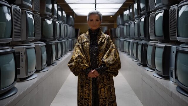 An Elegant Figure Standing Amidst Vintage Televisions, Showcasing a Unique Blend of Fashion and Technology in a Captivating Retro Environment