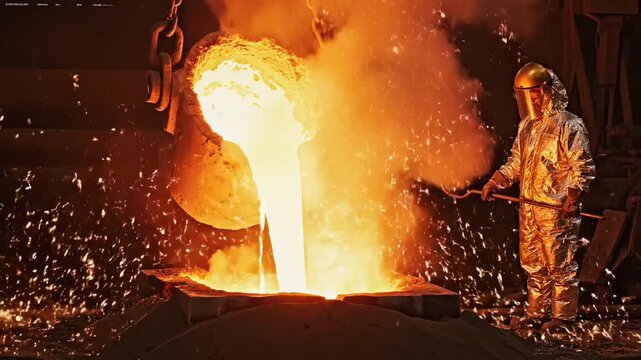 Industrial worker pouring molten metal in a factory.