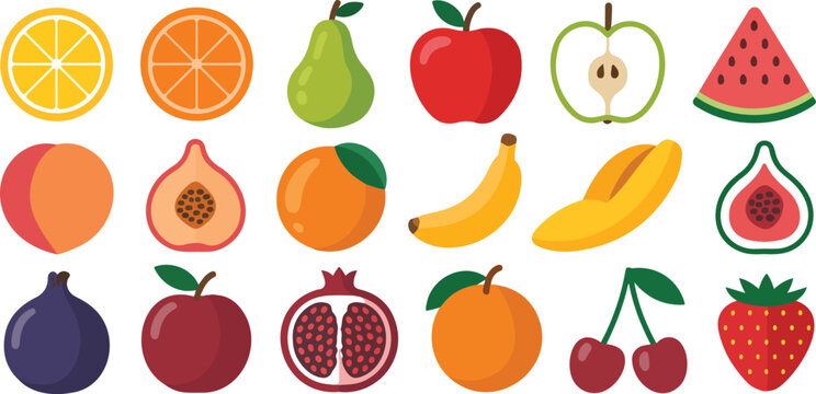 Fresh Fruit Icon Set Featuring Apples Citrus Pears Bananas Berries Pomegranate Figs and Watermelon Illustrations for Healthy Nutrition Organic Food and Market Design