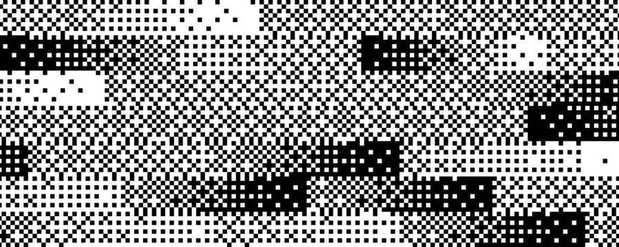Pixelated bitmap pattern background. Black rectangle dither texture. Abstract 8 bit screen pattern. Arcade video game wallpaper. Retro pixel art backdrop. Vector dissolving raster effect overlay