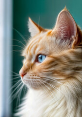Orange cat with blue eyes on green background
