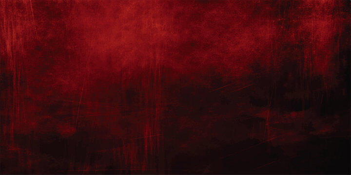 A dark vintage grunge red background features a textured old wall pattern with dirty paint and blood-colored material for an artistic backdrop design