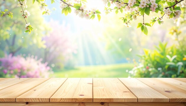 Vibrant Spring Garden Background with Wooden Table and Cherry Blossom Branches - Perfect for Product Display and Seasonal Themes