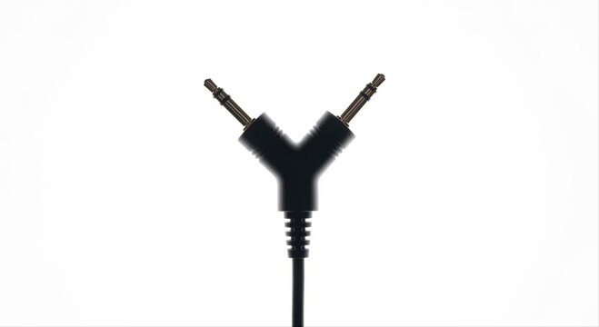 Black cable splitter with dual connectors isolated on a clean white background, showcasing Y-shaped design and minimalist composition