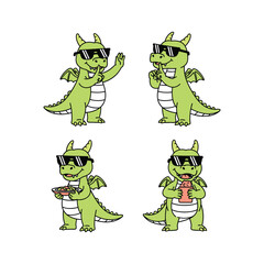 Cool cartoon dinosaurs wearing sunglasses and enjoying leisure activities with copy space