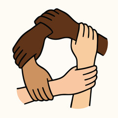 Diverse hands connecting in circle, local flavor unity on white background.