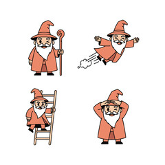 Cartoon wizard set with different poses and emotions on white background