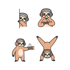 Cartoon sloth in headphones doing yoga and having fun in a playful style