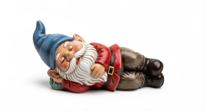 Charming sleeping gnome in vivid red and blue attire, peacefully resting, isolated on a pristine white background