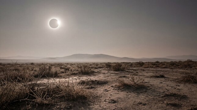 Solar eclipse over desert landscape viewed from a low angle