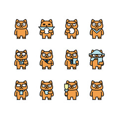 Cartoon orange cats with different accessories and expressions on white background