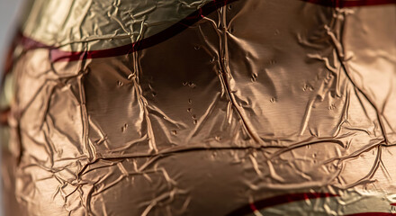 Copper foil with crumpled texture and red stitching details closely viewed