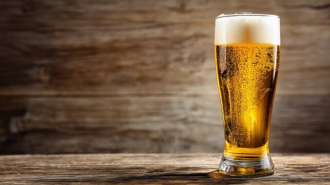 Pilsner beer glass filled with golden liquid, bubbles, and foam on a rustic wooden table with copy space