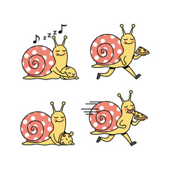 Cartoon snails running with food and music in a playful animated style