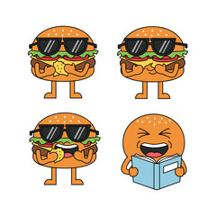 Cartoon burger characters with sunglasses and menu in a fun and playful style