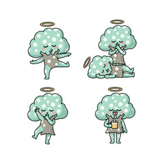 Cute cartoon trees with halos in various poses and outfits