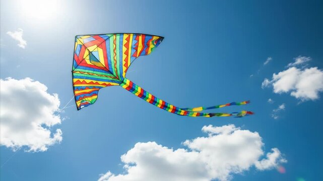 Colorful Kite Flying in a Bright Blue Sky with Fluffy White Clouds