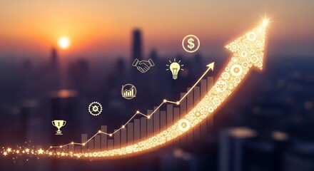 Fototapeta premium A glowing upward arrow with business icons ascends above a modern city at sunset.