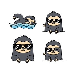 Cartoon sloth characters with sunglasses in various poses on white background