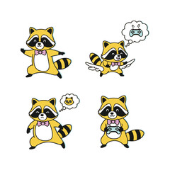 Cute cartoon raccoons with different emotions and accessories on white background