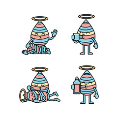 Colorful cartoon characters with halo in various poses and activities