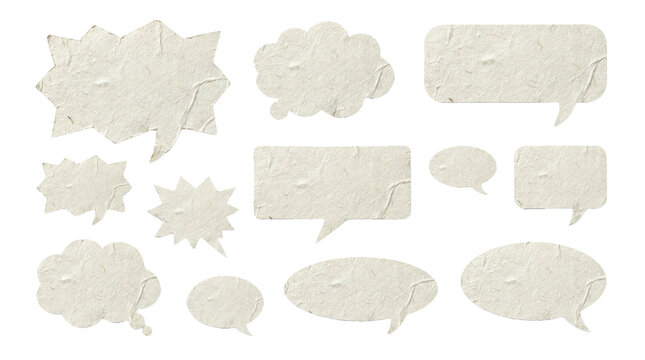 collection of speech bubble shapes made from textured paper, in various forms and sizes, ideal for comic strips and dialogue representation.