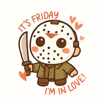 Adorable chibi version of the infamous slasher holding a massive knife celebrating friday happiness in love