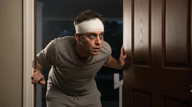 Man with head bandage peeking from door, shushing, looking paranoid