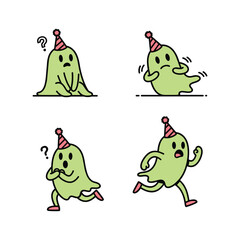 Cartoon ghost character in party hat showing different emotions and actions
