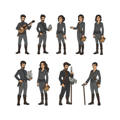 Diverse group of cartoon musicians and artists in gray outfits with various instruments and art supplies