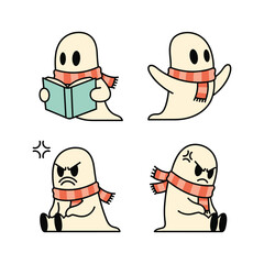 Cartoon ghost character with scarf expressing emotions on white background