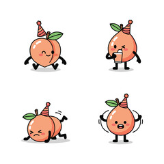 Cartoon peaches celebrating with party hats on a white background