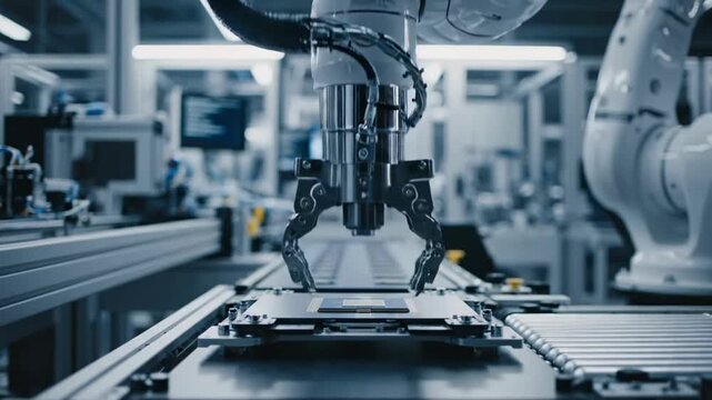 Industrial robotic arm assembling electronic components on production line.