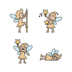 Cartoon fairy set with magic wand and stars in various poses with copy space