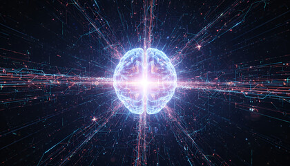 Fototapeta premium Glowing Blue Brain at Network Core: Futuristic AI Neural Network Visualization