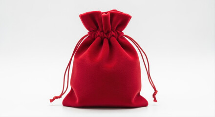 Luxurious red velvet pouch with drawstring, elegantly isolated on a pristine white background, showcasing soft texture and rich color in studio lighting