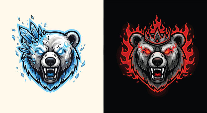 Fierce white bear head mascot with glowing blue eyes and icy crystals, roaring with power and cold energy.