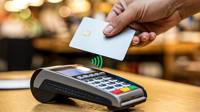 Contactless card payment at pos terminal with hand holding credit card retail transaction concept