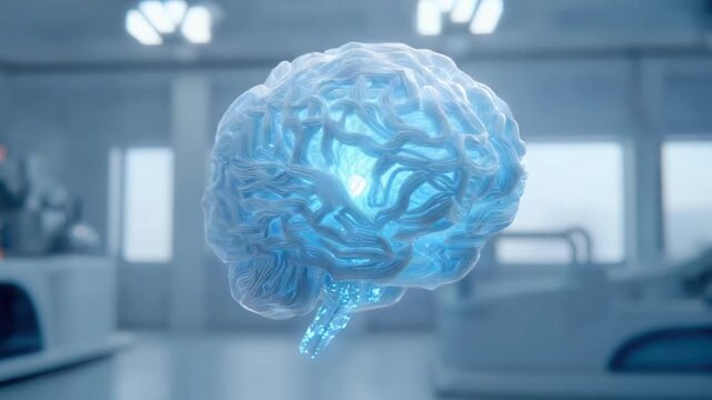 Glowing brain model concept illustration with scientific laboratory background