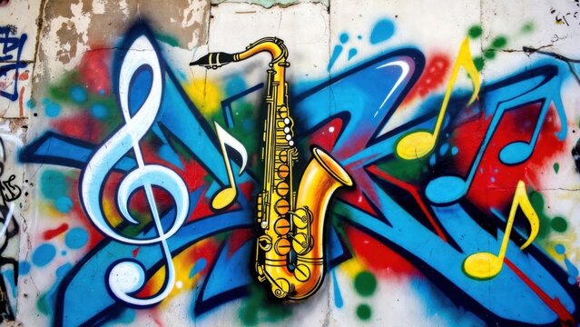 Colorful graffiti wall with a saxophone on it. The saxophone is surrounded by musical notes and the wall is full of vibrant colors. Scene is energetic and lively
