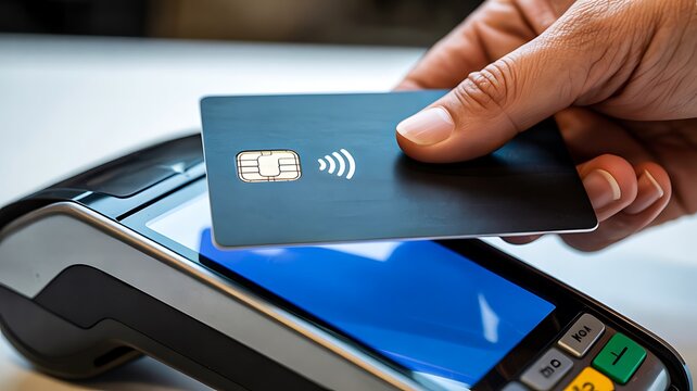 Contactless credit card payment on pos terminal with hand tapping card modern cashless transaction concept