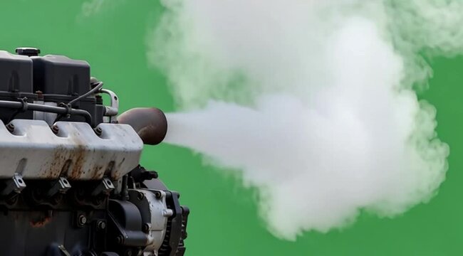 Brief, powerful puff of grey diesel exhaust from a large engine, with a defined shape and rapid dissipation. Against a solid green background