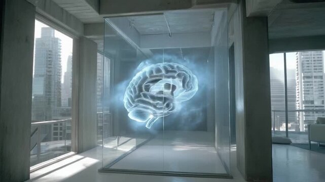 Transparent brain hologram in modern interior with city view