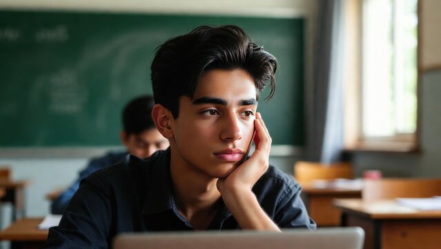 Young man sits in a classroom with his head on his hand. He looks sad and is staring at the ground