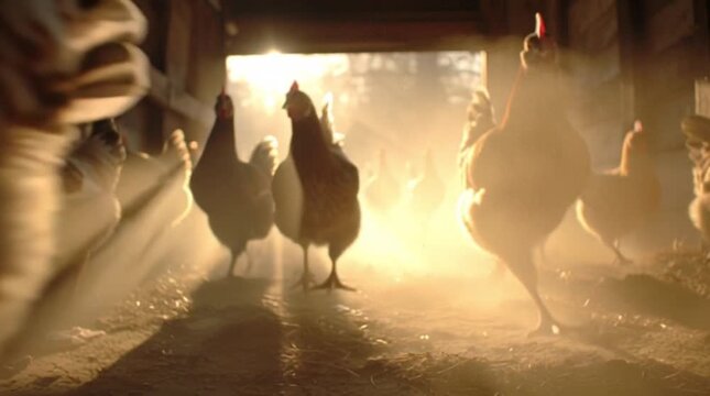 Free range chickens roaming in a barn at sunrise with dusty atmosphere.