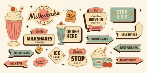 Retro milkshake sticker roadsign set with signs, arrows and badges. Vintage drink and dessert elements for menus, branding, posters. Vector illustration in mid century 50s style © Dukhanina Ekaterina