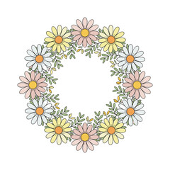 Circular Wreath of Colorful Daisy Flowers for Decorative Design