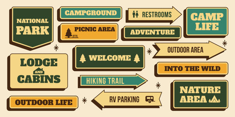 Retro sticker set. National park and outdoor signs, campground, hiking trail, picnic area, nature badges and direction arrows. Vector illustration in vintage colors mid century 1950s style © Dukhanina Ekaterina